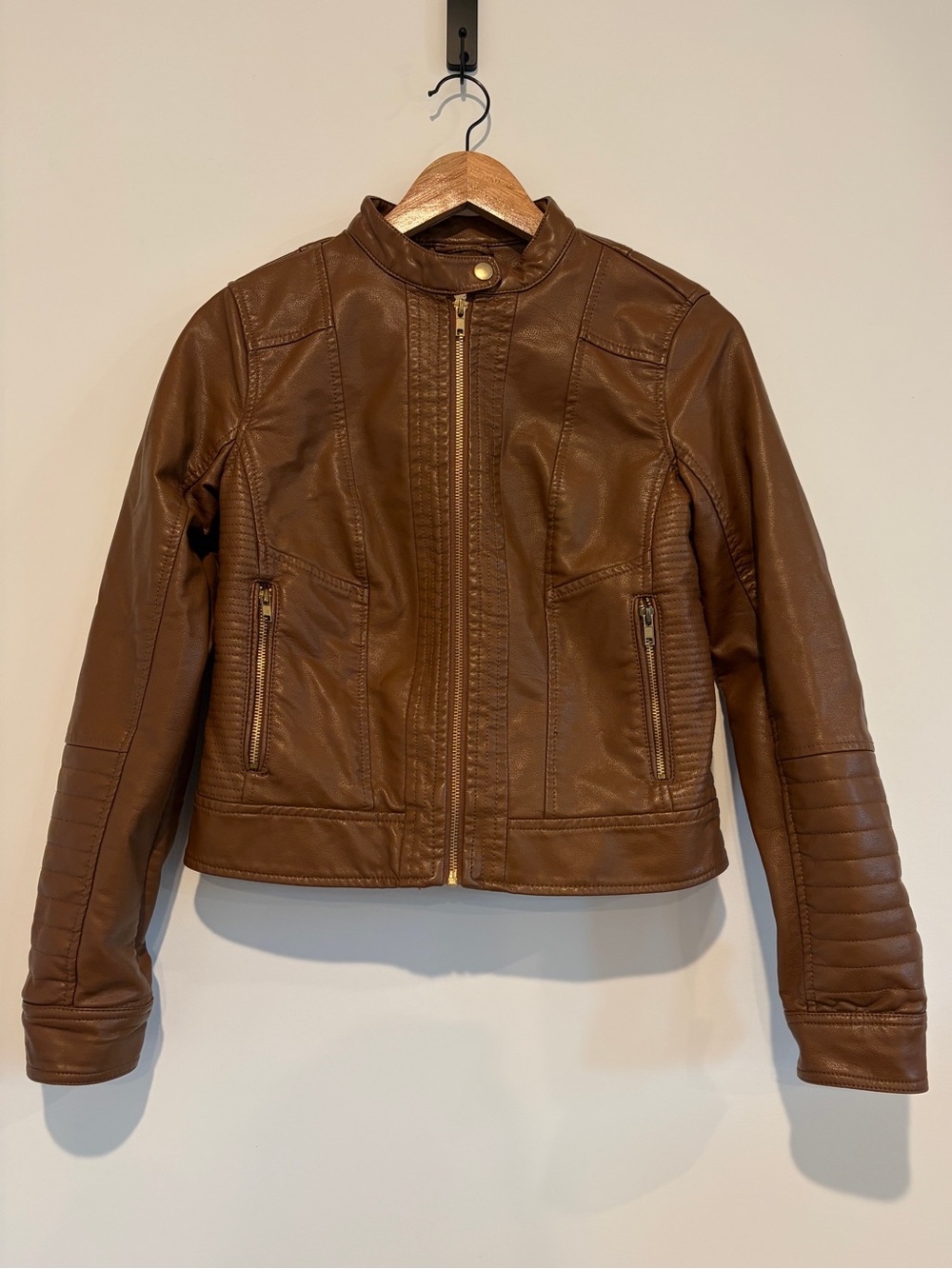 A New Day XS Brown Faux Leather Moto Motorcycle Asymmetrical Zip Jacket Coat